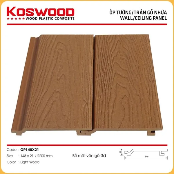 Tấm Ốp Gỗ Nhựa Ngoài Trời Kosmos OP148x21 Vân Gỗ 3D